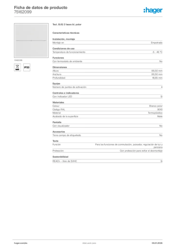 Imagen Hager Ficha de datos de producto 75162099 | Hager España