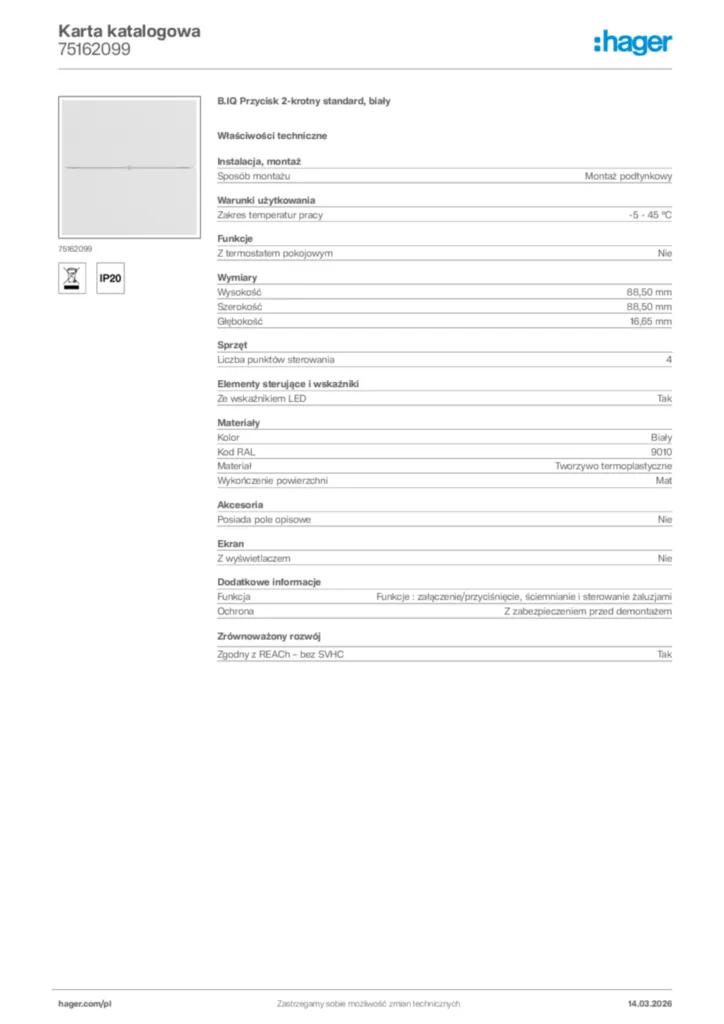 Zdjęcie Hager Karta katalogowa 75162099 | Hager Polska