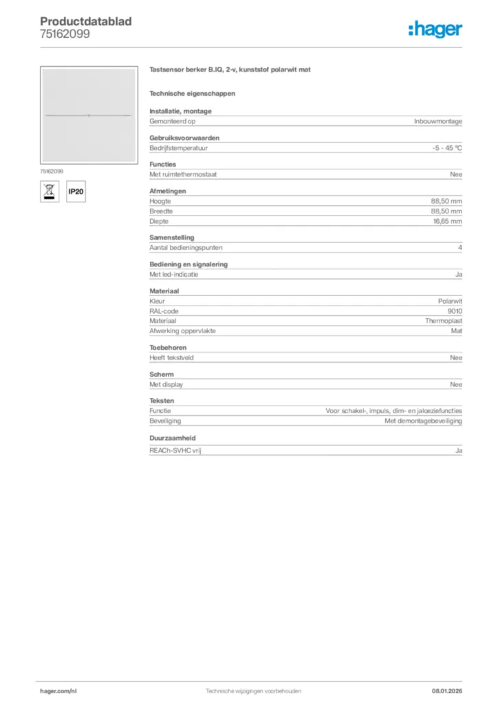 Afbeelding Hager Productdatablad 75162099 | Hager Nederland