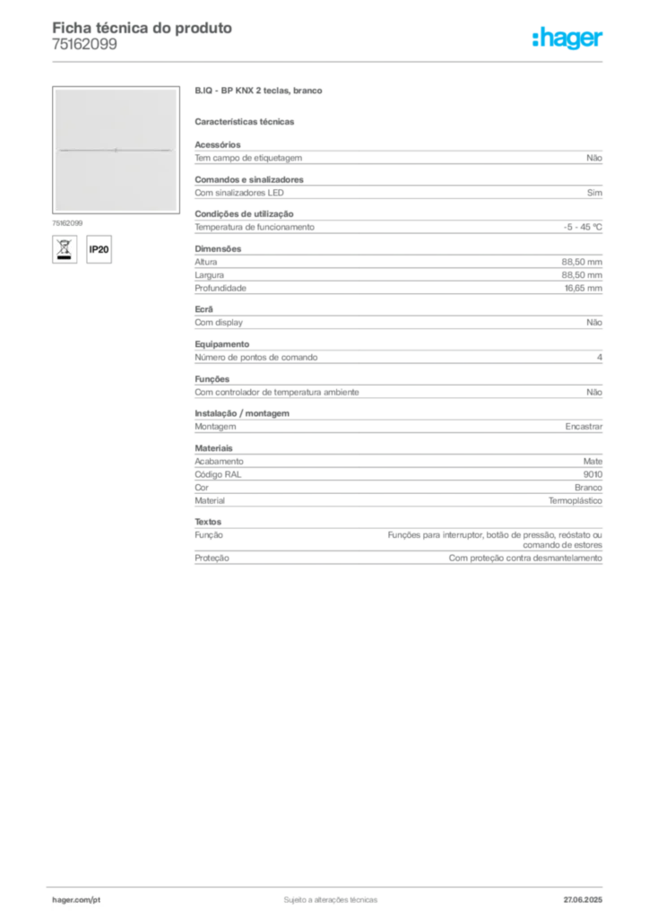 Imagem Hager Ficha técnica do produto 75162099 | Hager Portugal