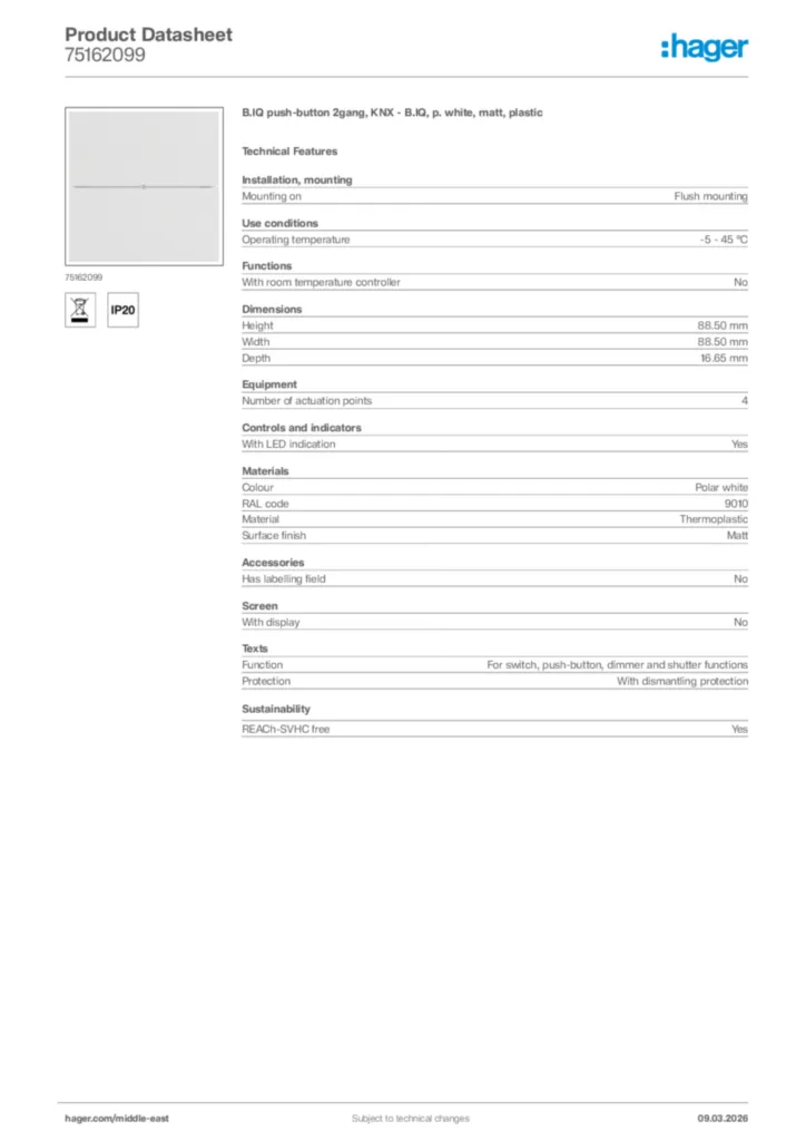 Image Hager Product data sheet 75162099  | Hager