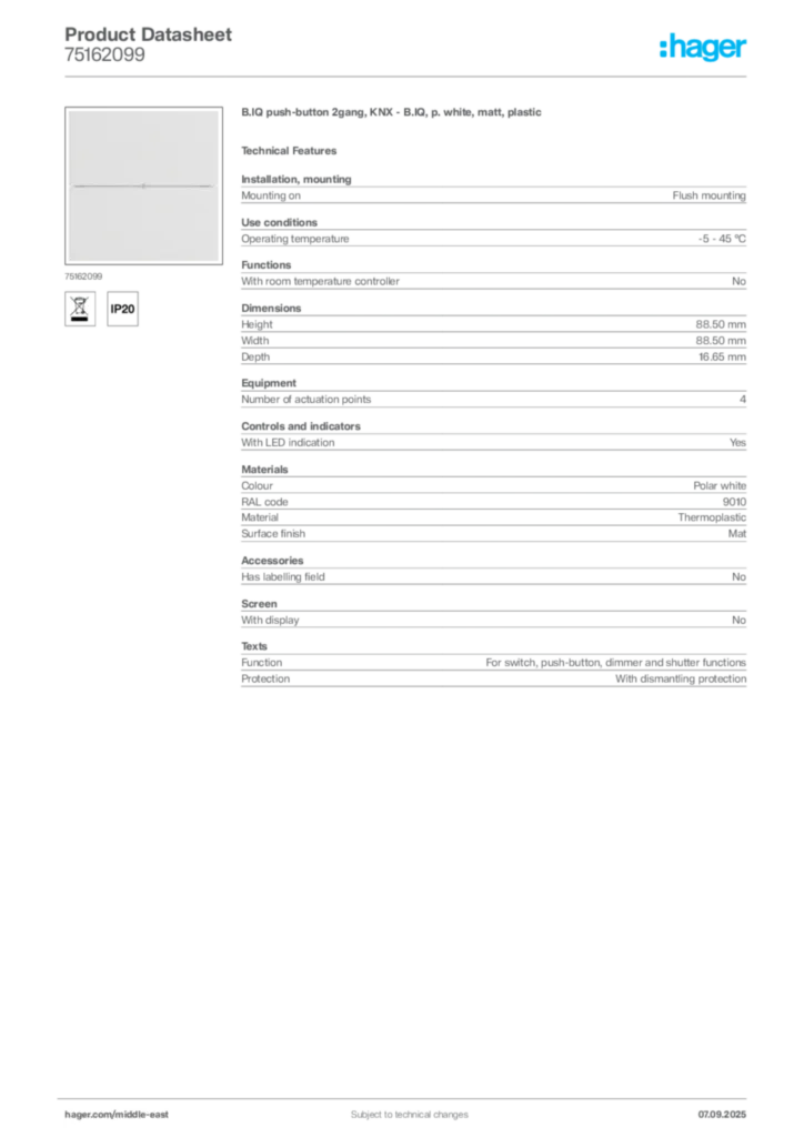 Image Hager Product data sheet 75162099  | Hager