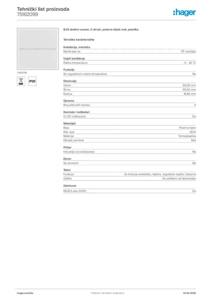 Slika Hager Tehnički list proizvoda 75162099  | Hager