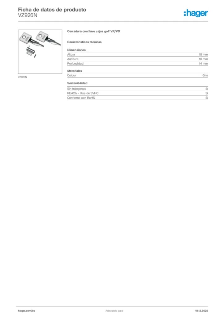 Imagen Hager Ficha de datos de producto VZ926N | Hager España