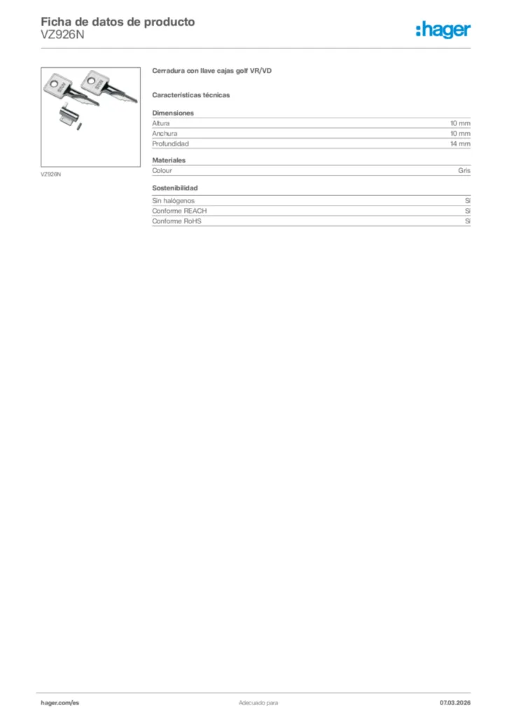 Imagen Hager Ficha de datos de producto VZ926N | Hager España