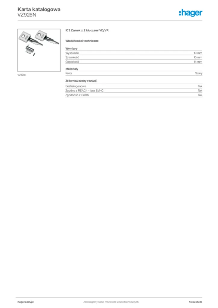 Zdjęcie Hager Karta katalogowa VZ926N | Hager Polska