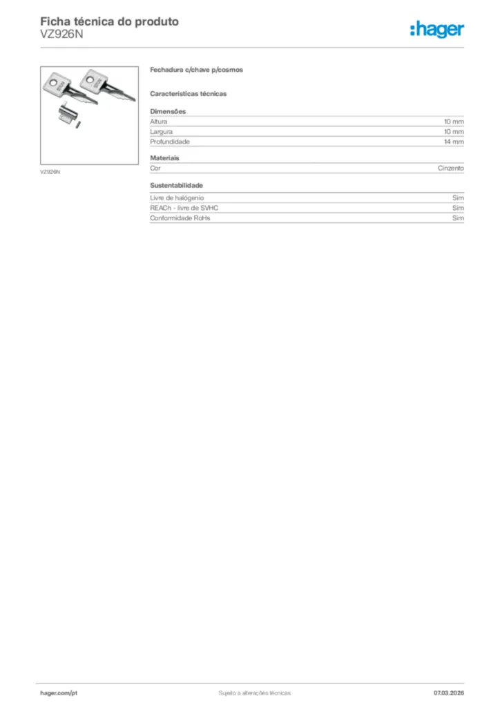 Imagem Hager Ficha técnica do produto VZ926N | Hager Portugal