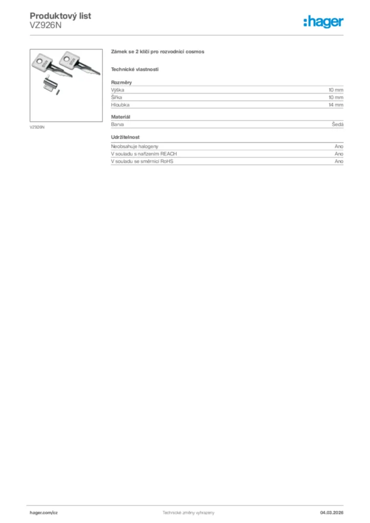 Obrázek Hager Product data sheet VZ926N | Hager