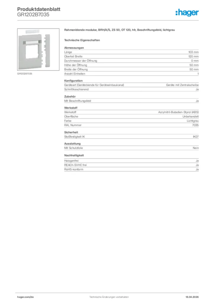 Bild Hager Produktdatenblatt GR1202B7035 | Hager Deutschland
