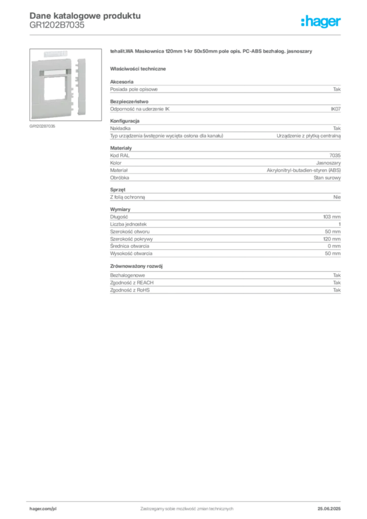 Zdjęcie Hager Karta katalogowa GR1202B7035 | Hager Polska