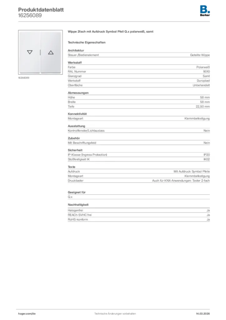 Bild Berker Produktdatenblatt 16256089 | Hager Deutschland