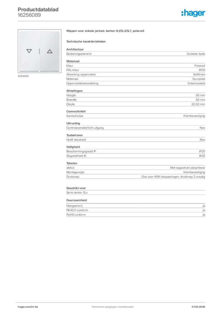 Afbeelding Hager Productdatablad 16256089 | Hager Belgium