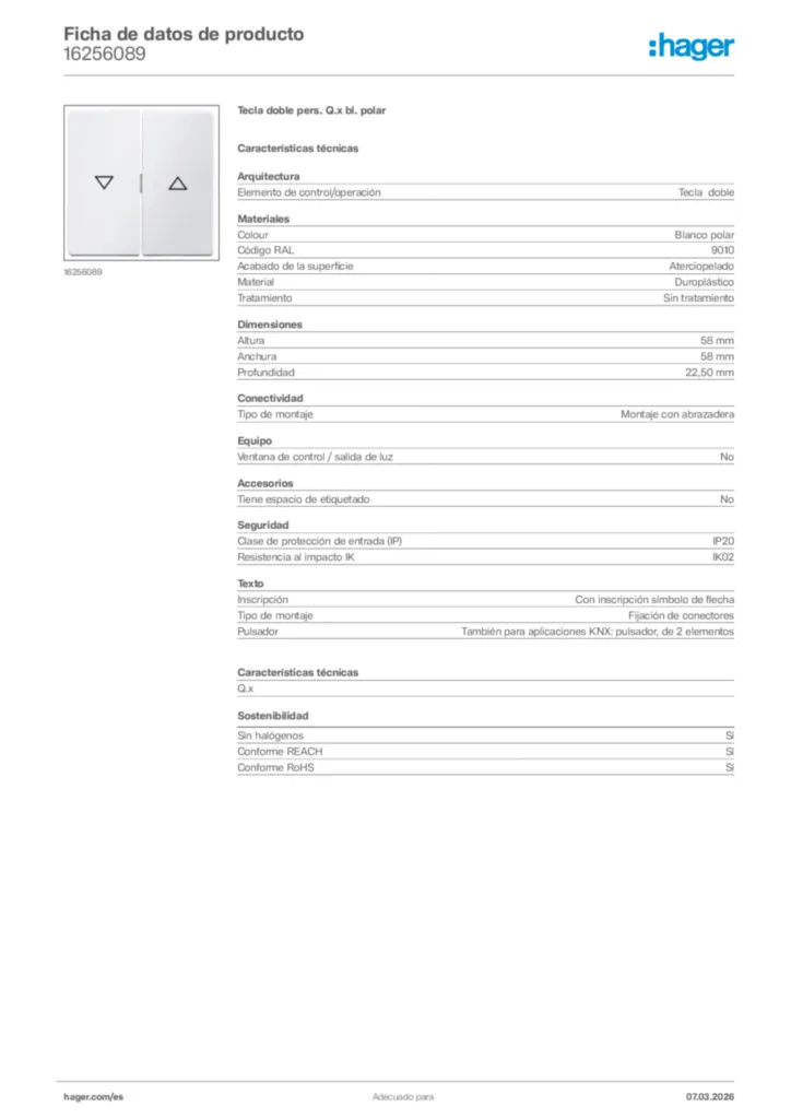 Imagen Hager Ficha de datos de producto 16256089 | Hager España