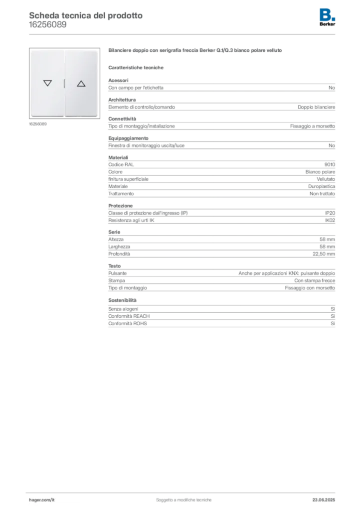 Immagine Berker Scheda tecnica del prodotto 16256089 | Hager Italia