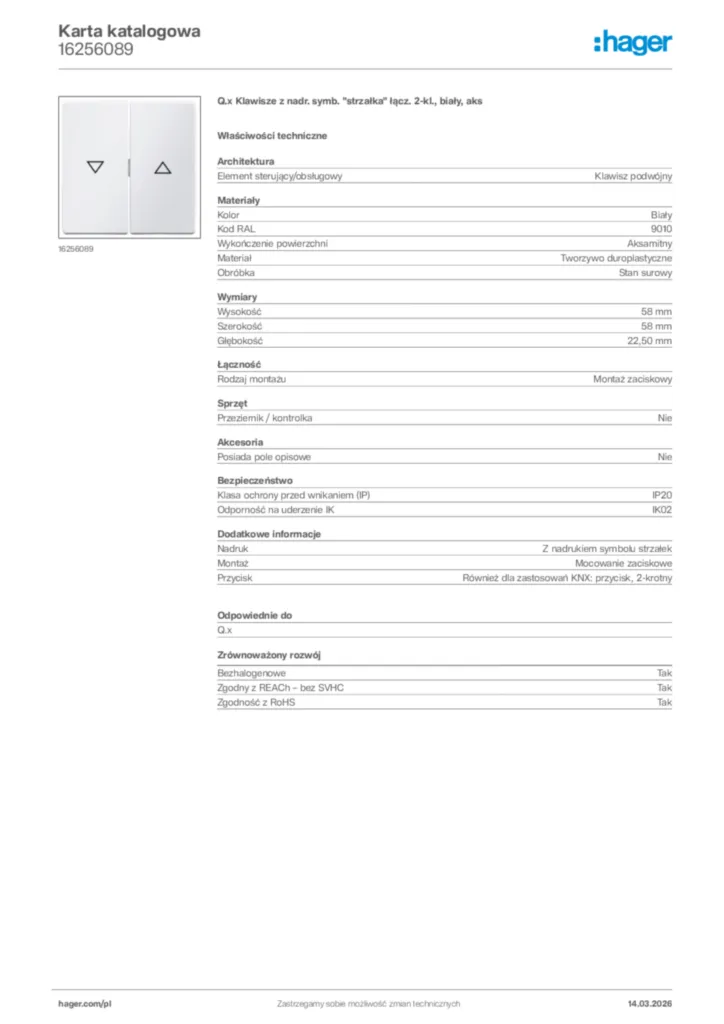 Zdjęcie Hager Karta katalogowa 16256089 | Hager Polska