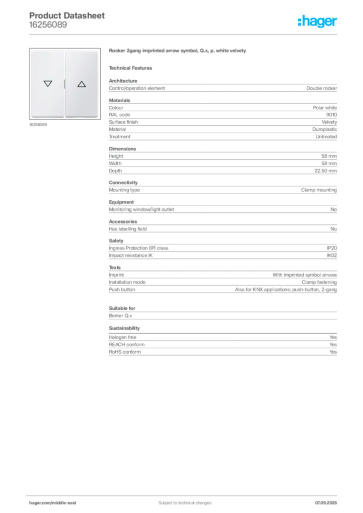 Image Hager Product data sheet 16256089  | Hager