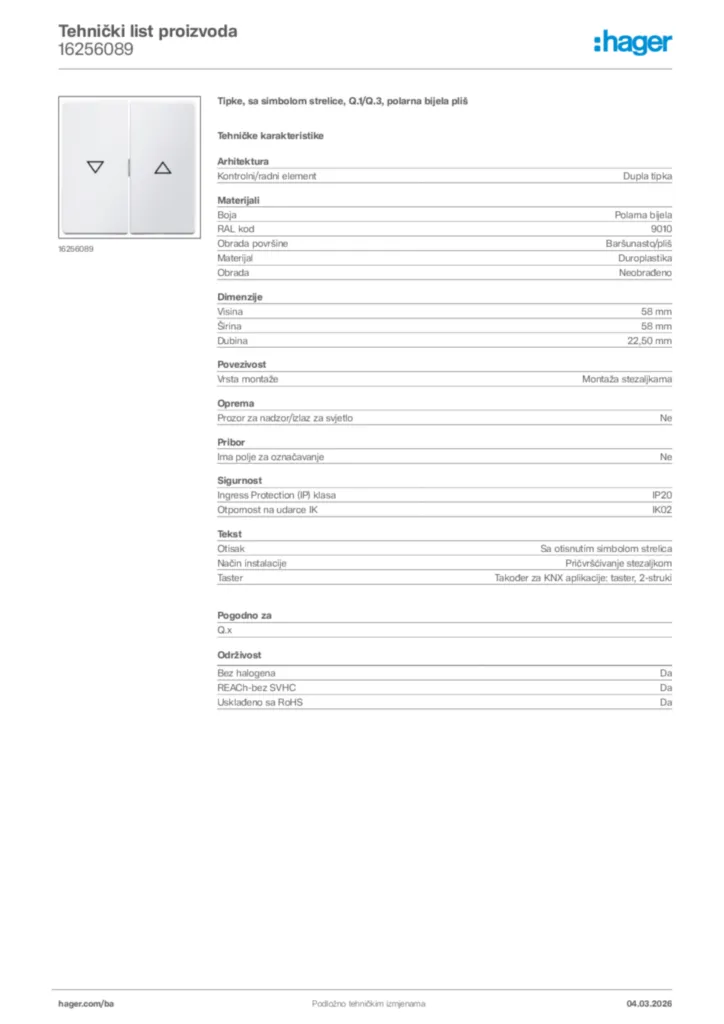 Slika Hager Tehnički list proizvoda 16256089  | Hager