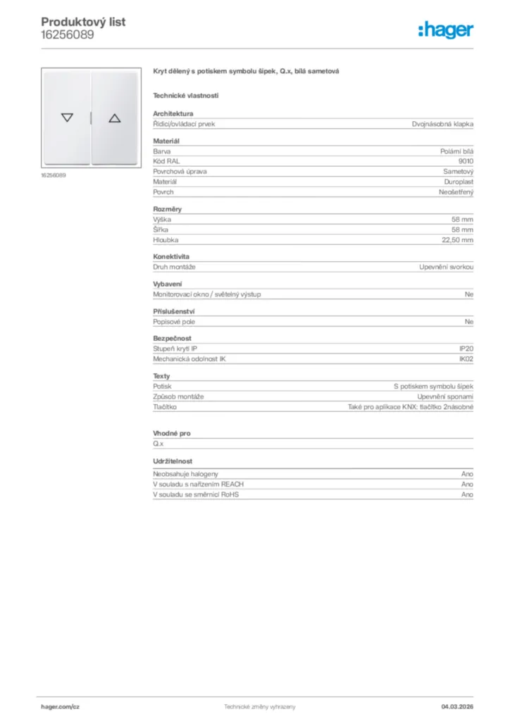 Obrázek Hager Product data sheet 16256089 | Hager
