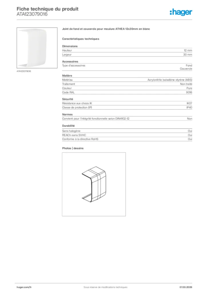 Image Hager Fiche technique du produit ATA123079016 | Hager France