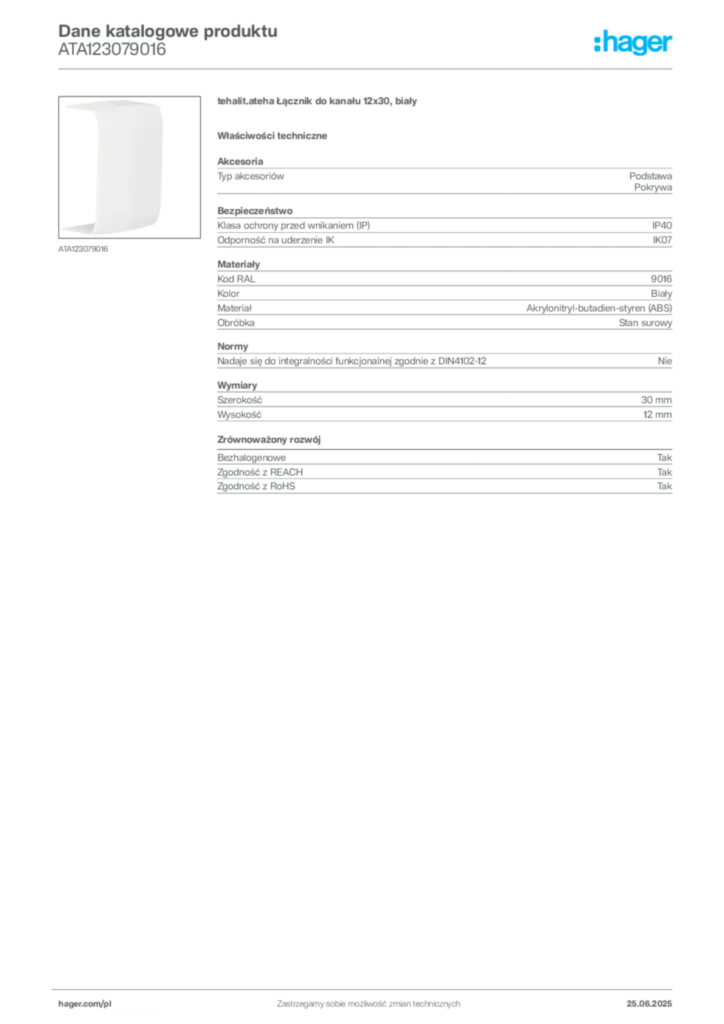 Zdjęcie Hager Karta katalogowa ATA123079016 | Hager Polska