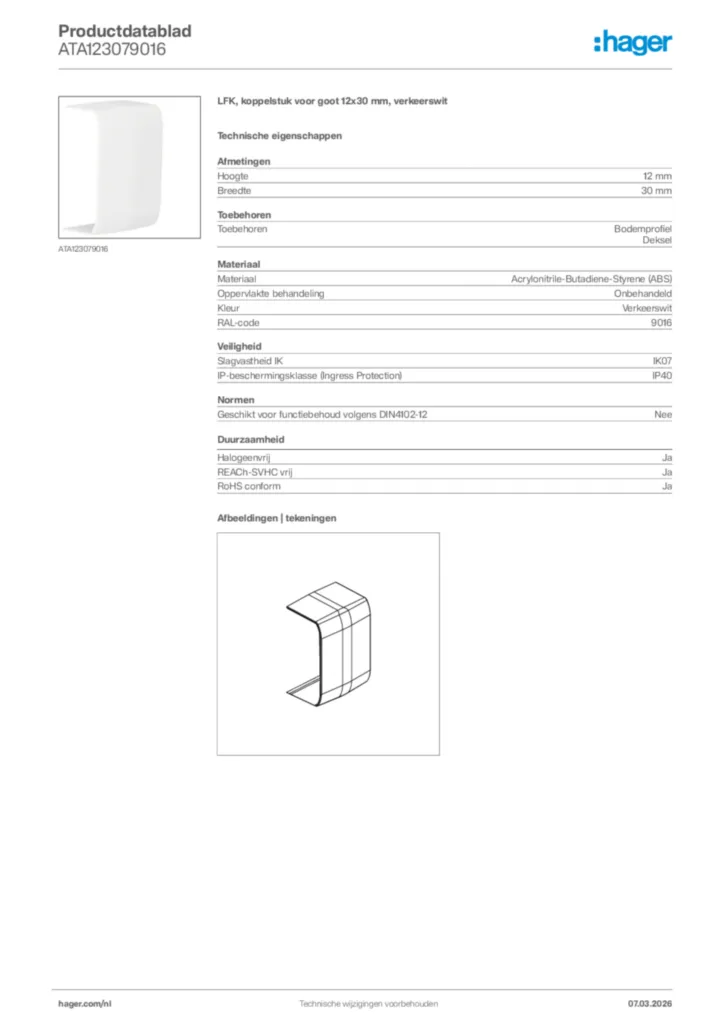 Afbeelding Hager Productdatablad ATA123079016 | Hager Nederland