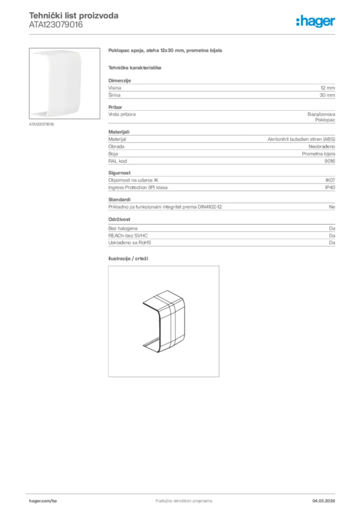 Slika Hager Tehnički list proizvoda ATA123079016  | Hager