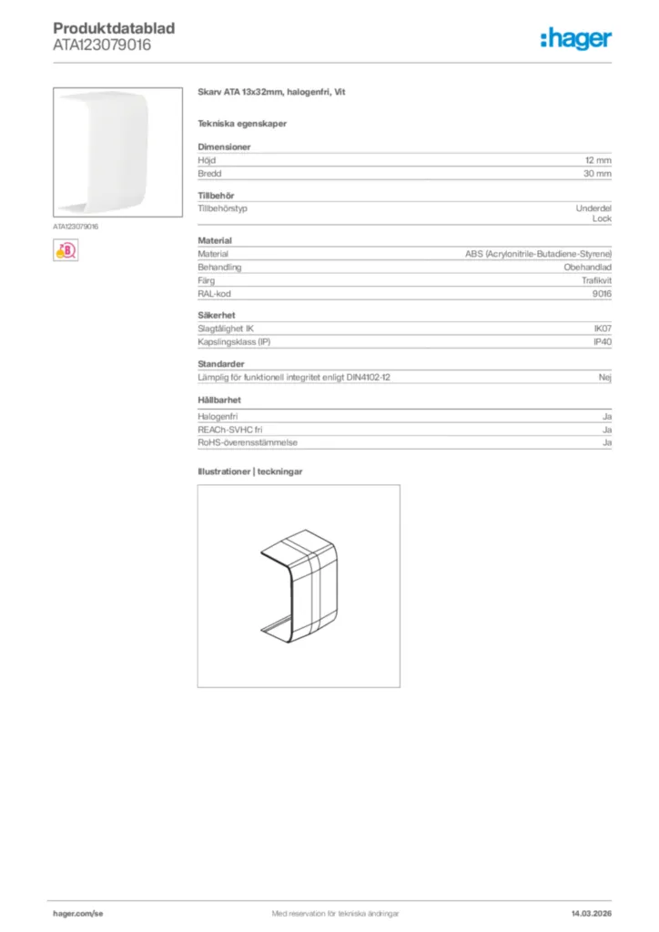 Bild Hager Produktdatablad ATA123079016 | Hager Sverige