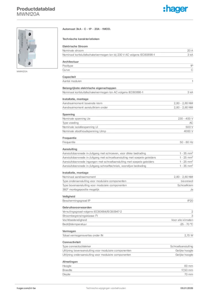 Afbeelding Hager Productdatablad MWN120A | Hager Belgium