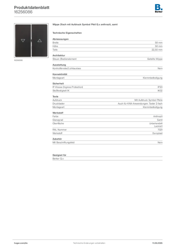 Bild Berker Produktdatenblatt 16256086 | Hager Deutschland