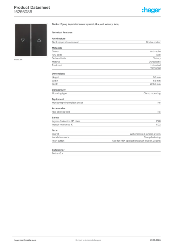 Image Hager Product data sheet 16256086  | Hager