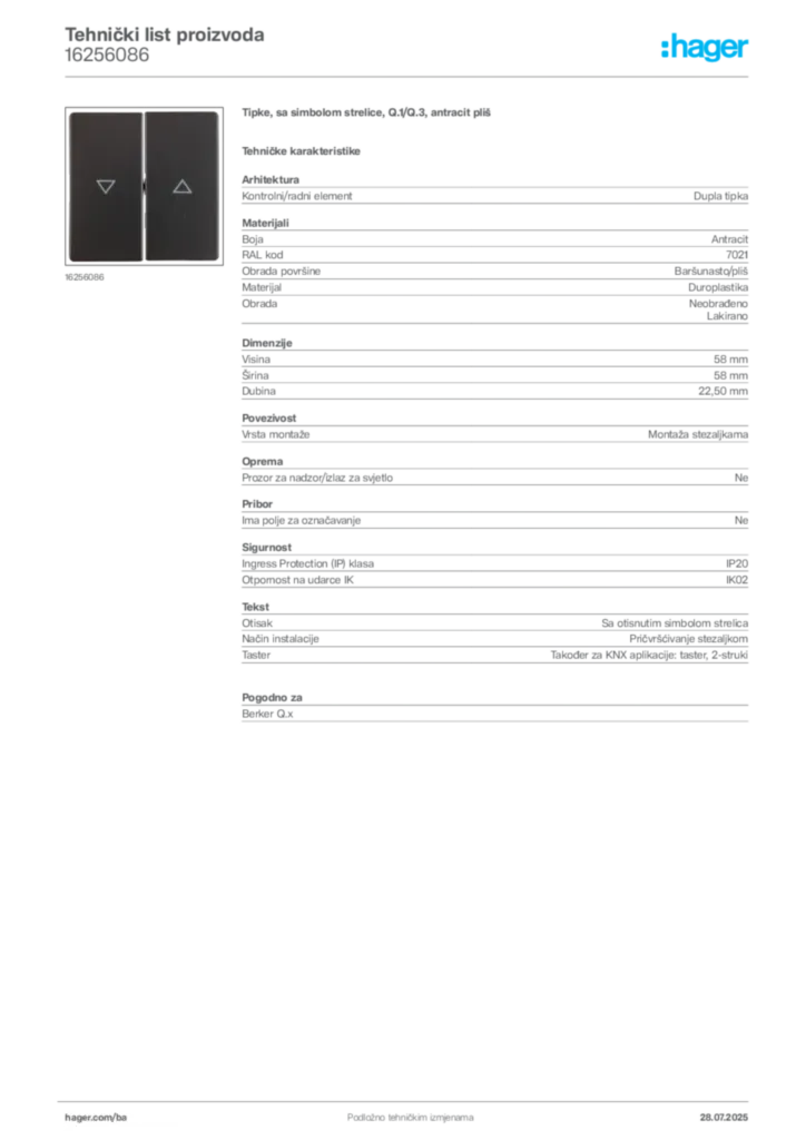 Slika Hager Product data sheet 16256086  | Hager