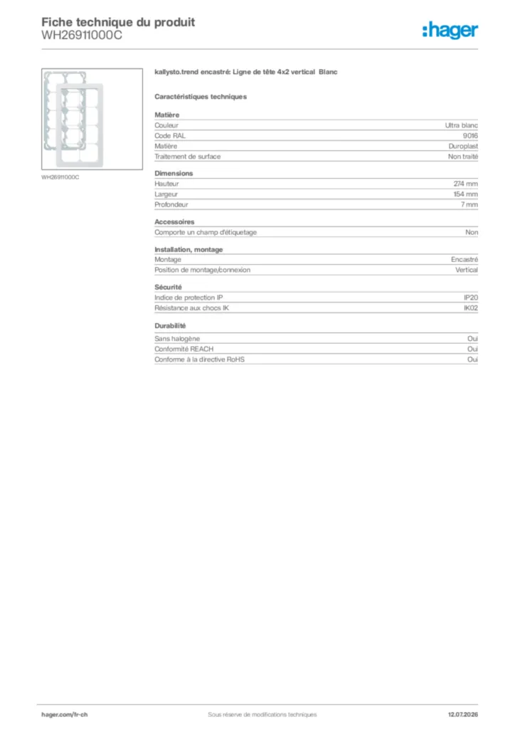 Image Hager Fiche technique du produit WH26911000C | Hager Suisse