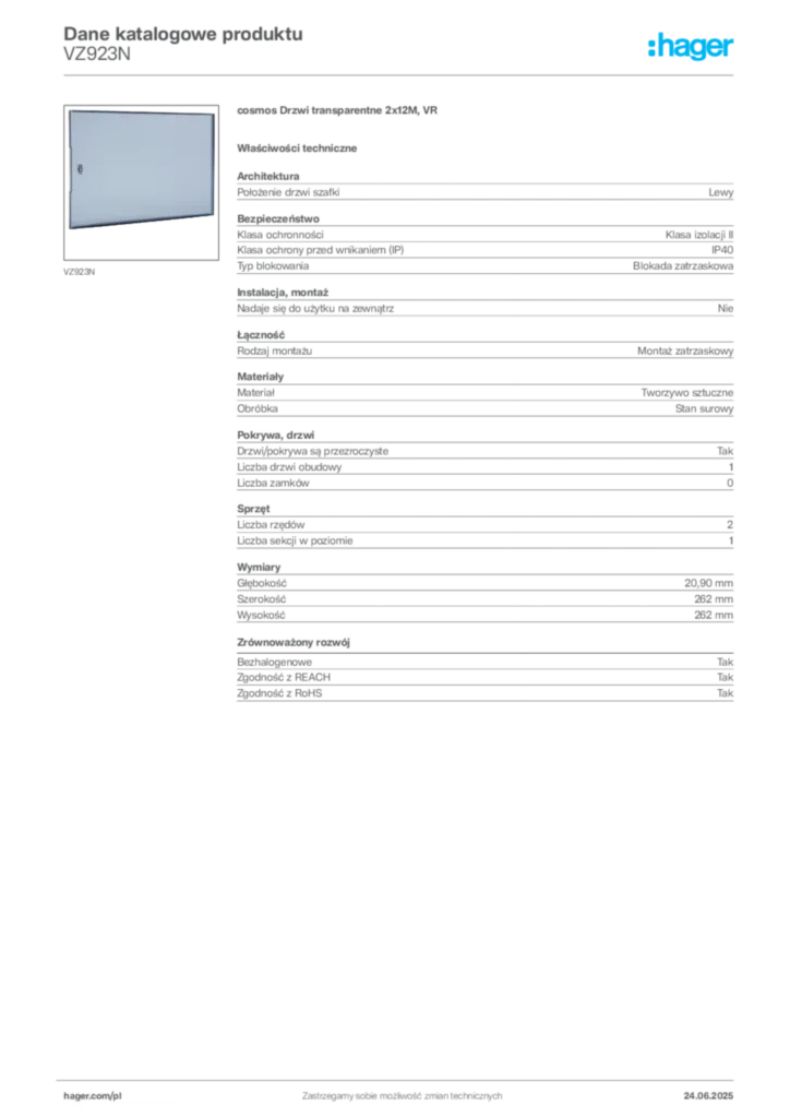 Zdjęcie Hager Karta katalogowa VZ923N | Hager Polska