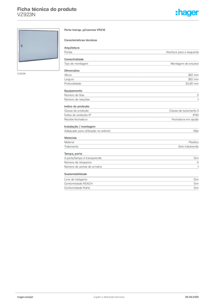 Imagem Hager Ficha técnica do produto VZ923N | Hager Portugal