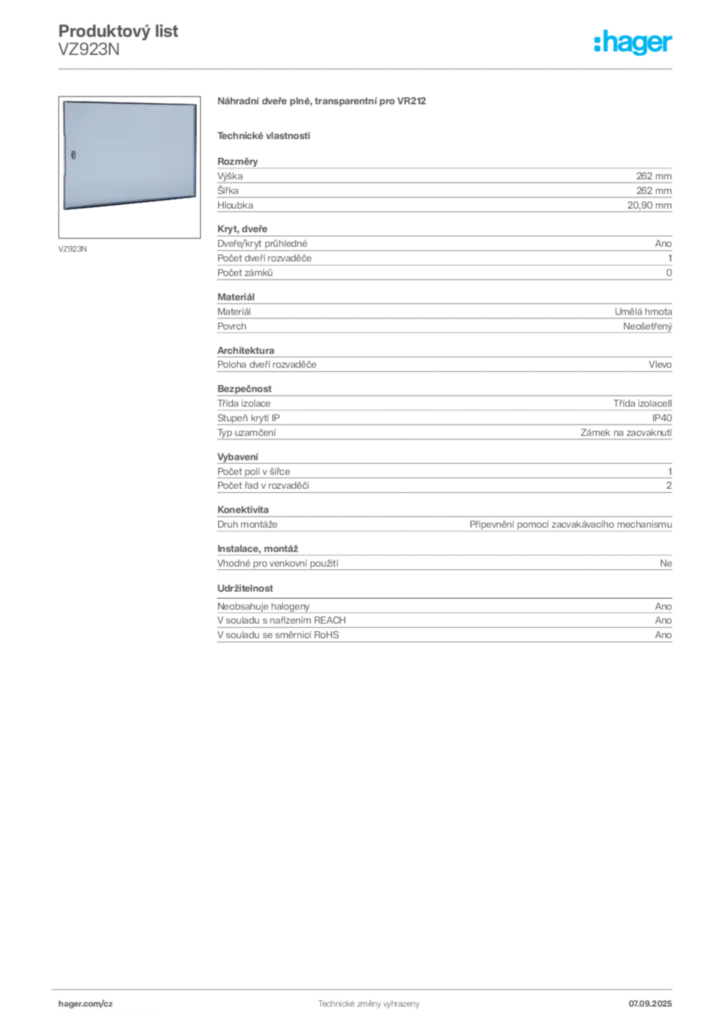 Obrázek Hager Produktový list VZ923N | Hager