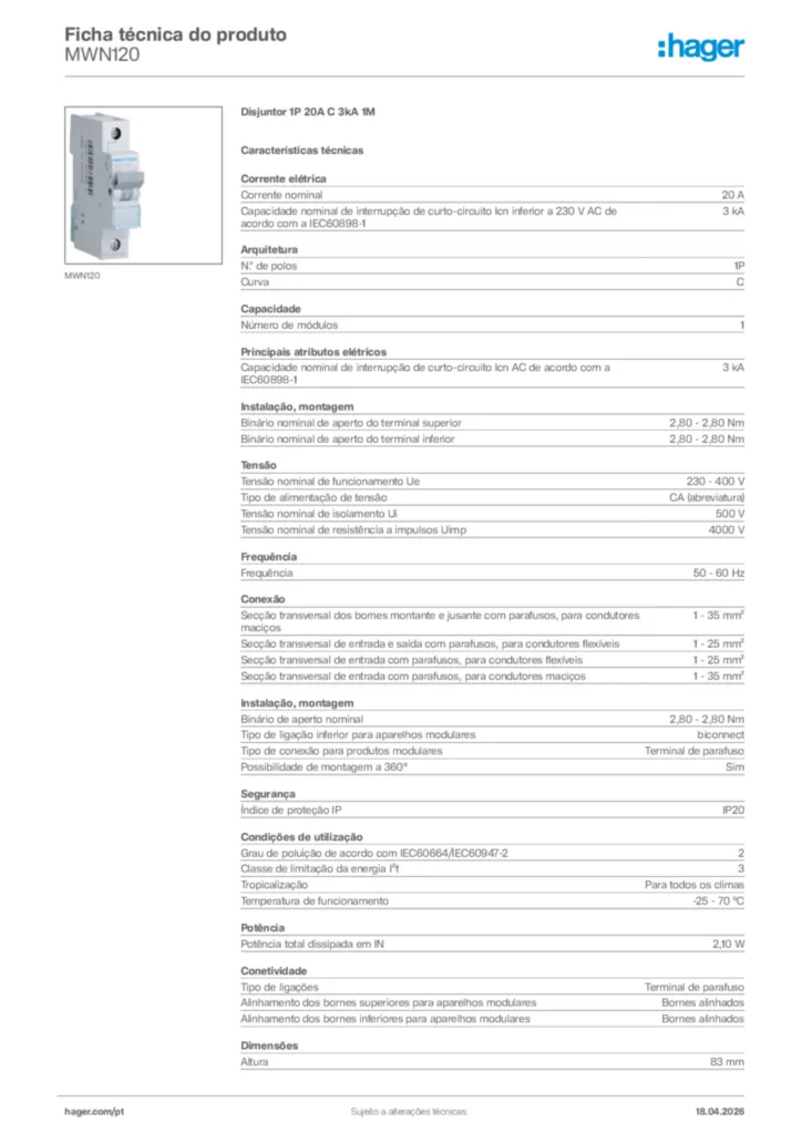 Imagem Hager Ficha técnica do produto MWN120 | Hager Portugal