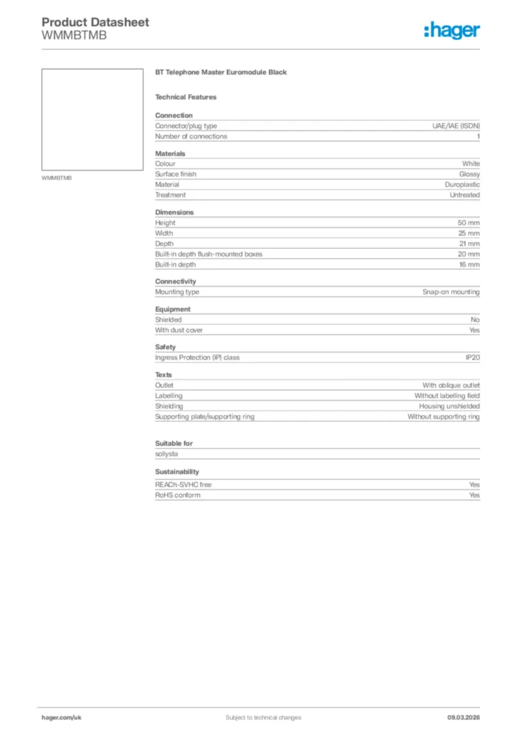 Image Hager Product data sheet WMMBTMB  | Hager