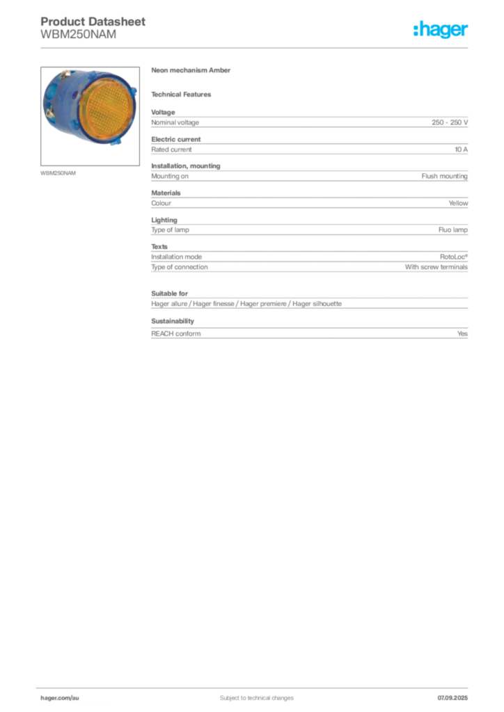 Image Hager Product data sheet WBM250NAM  | Hager Australia