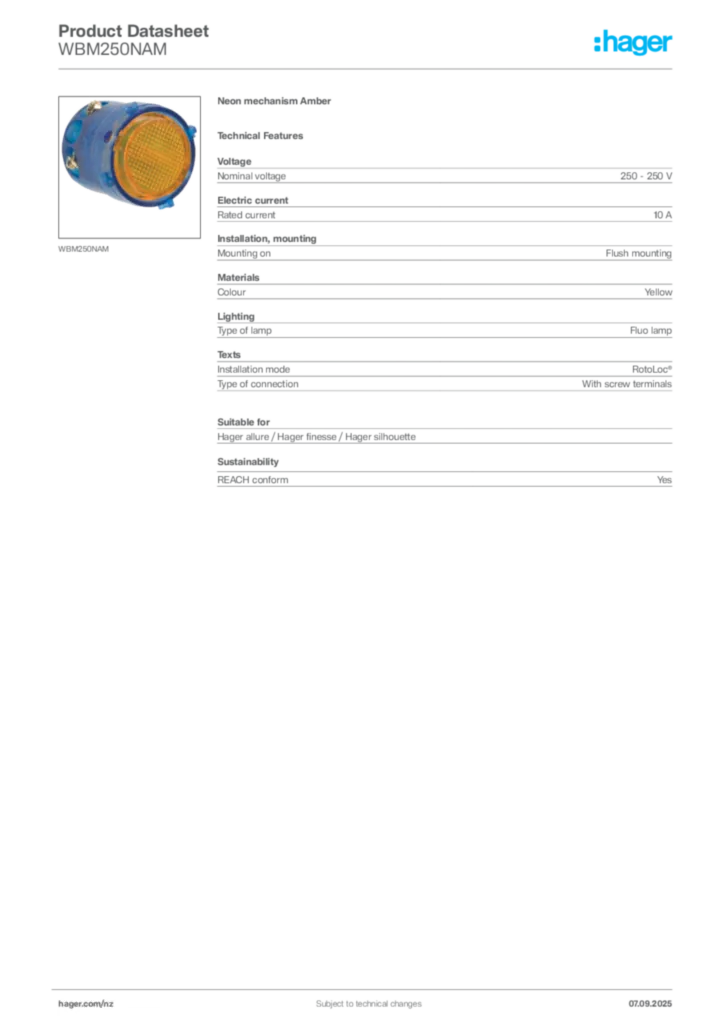 Image Hager Product data sheet WBM250NAM  | Hager New Zealand