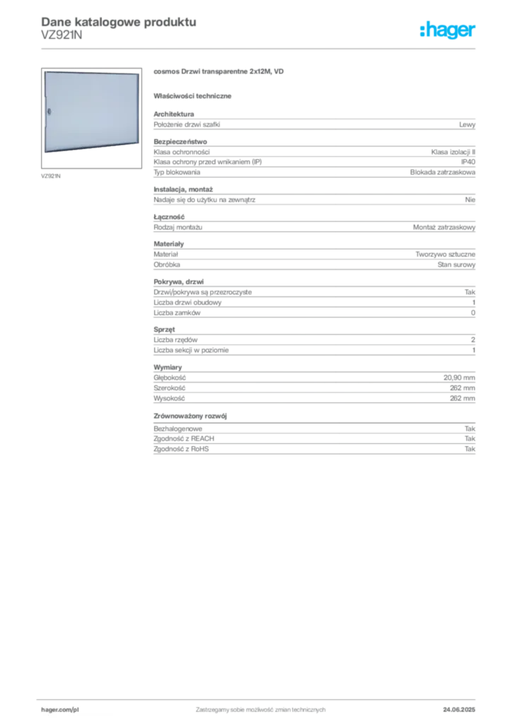 Zdjęcie Hager Karta katalogowa VZ921N | Hager Polska