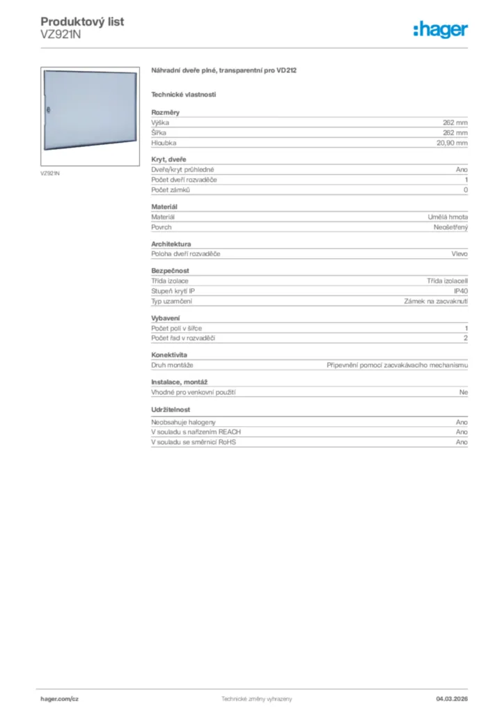 Obrázek Hager Product data sheet VZ921N | Hager