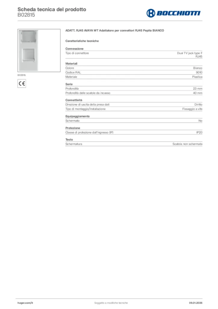 Immagine Bocchiotti Scheda tecnica del prodotto B02815 | Hager Italia