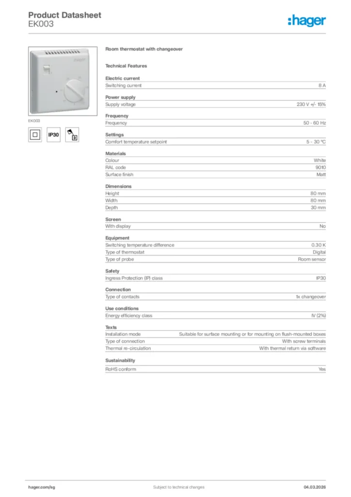 Image Hager Product data sheet EK003  | Hager