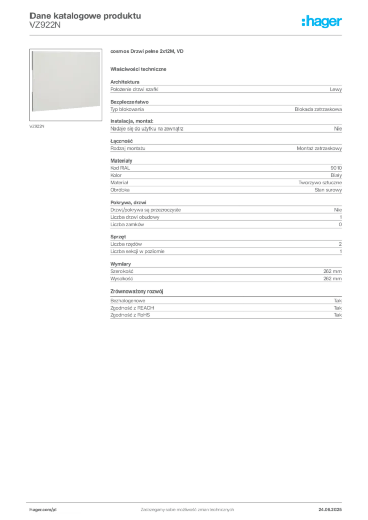 Zdjęcie Hager Karta katalogowa VZ922N | Hager Polska
