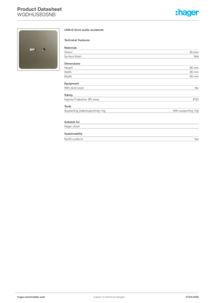 Image Hager Product data sheet WGDHUSB35NB  | Hager