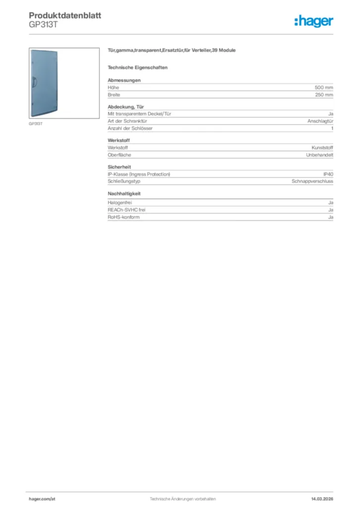 Bild Hager Produktdatenblatt GP313T | Hager Deutschland