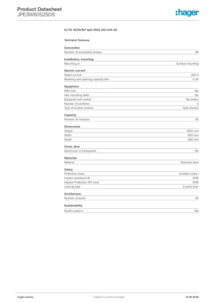 Image Hager Product data sheet JPE3W60S25DS  | Hager Australia