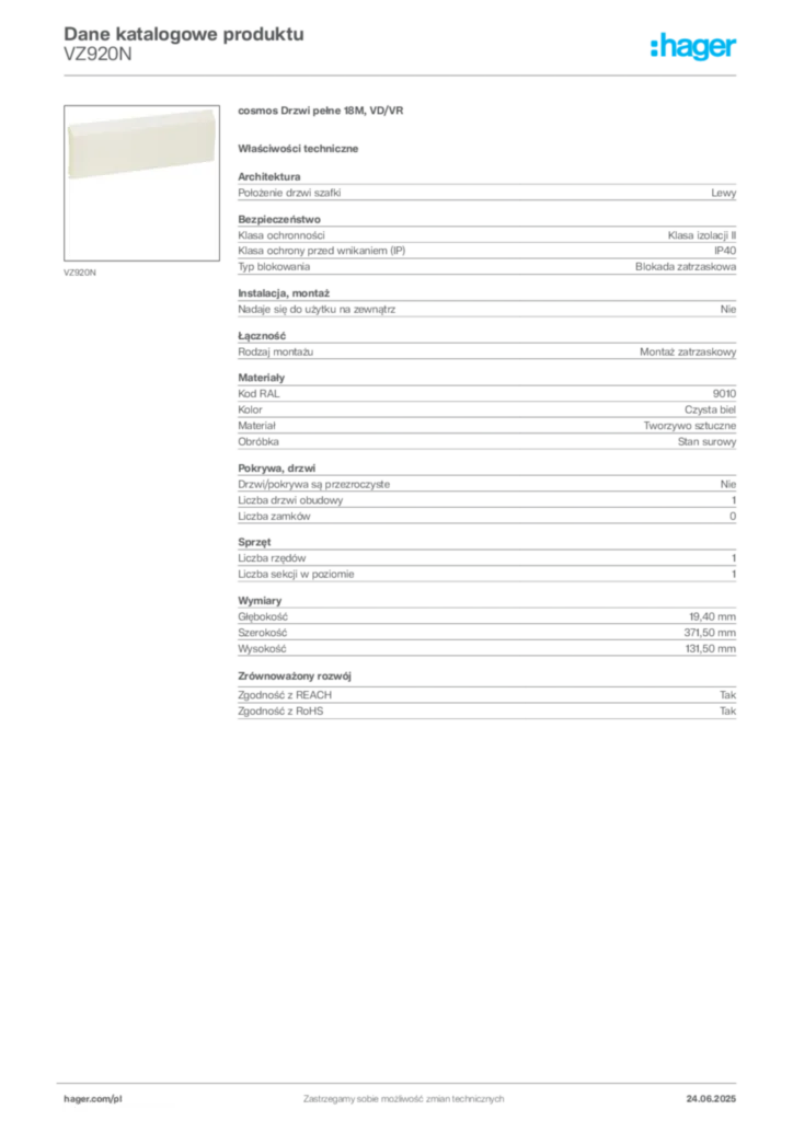 Zdjęcie Hager Karta katalogowa VZ920N | Hager Polska