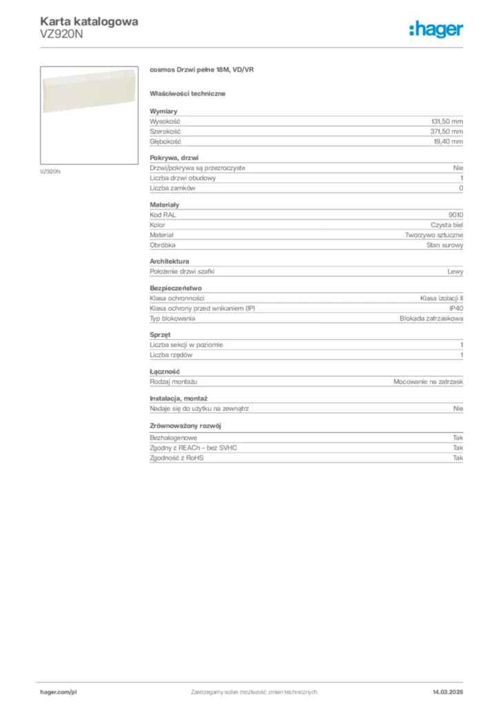 Zdjęcie Hager Karta katalogowa VZ920N | Hager Polska