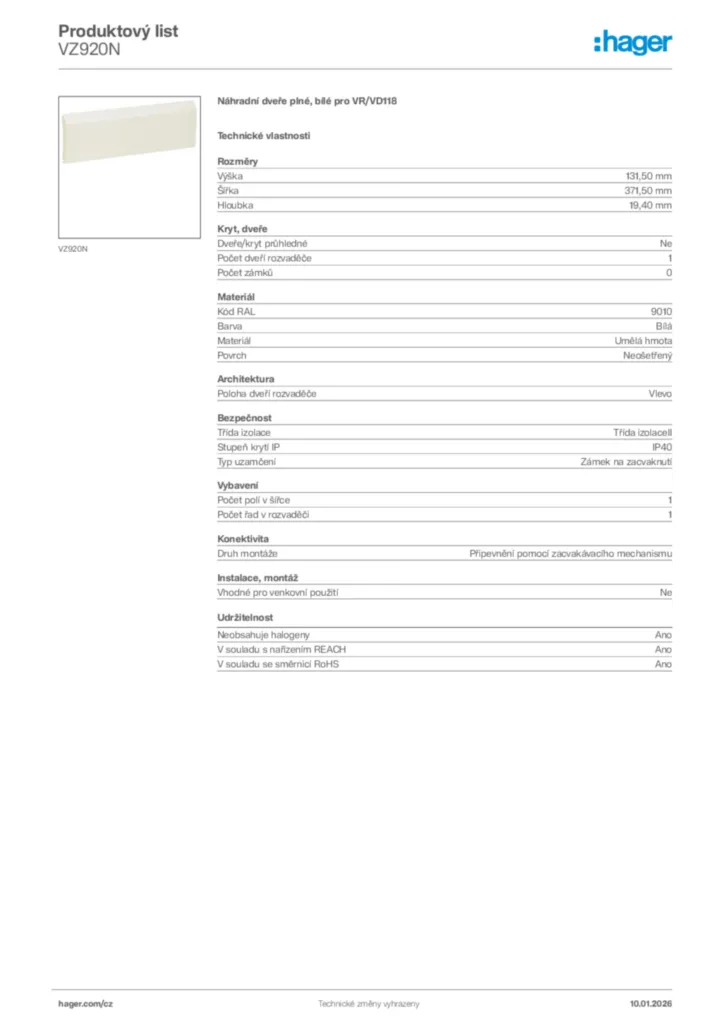 Obrázek Hager Product data sheet VZ920N | Hager